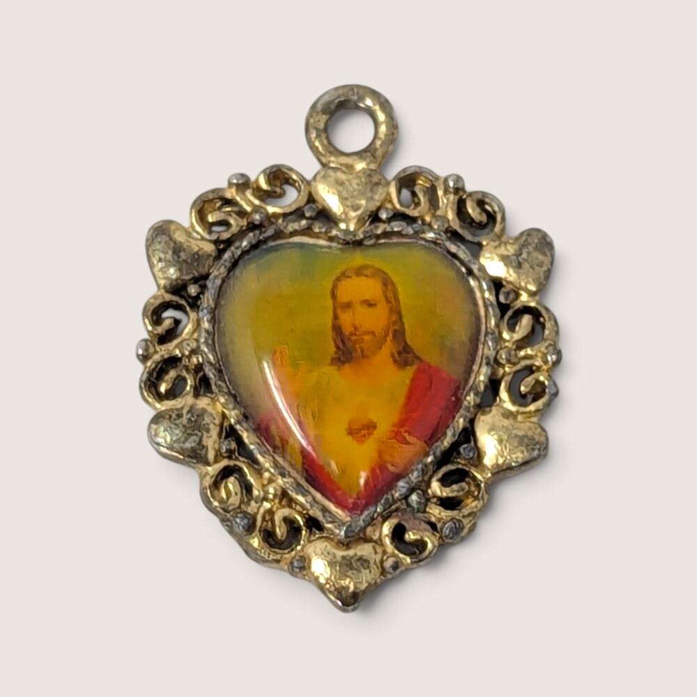 Vintage 1970s Sacred Heart Pendant Filigree Frame Religious Charm